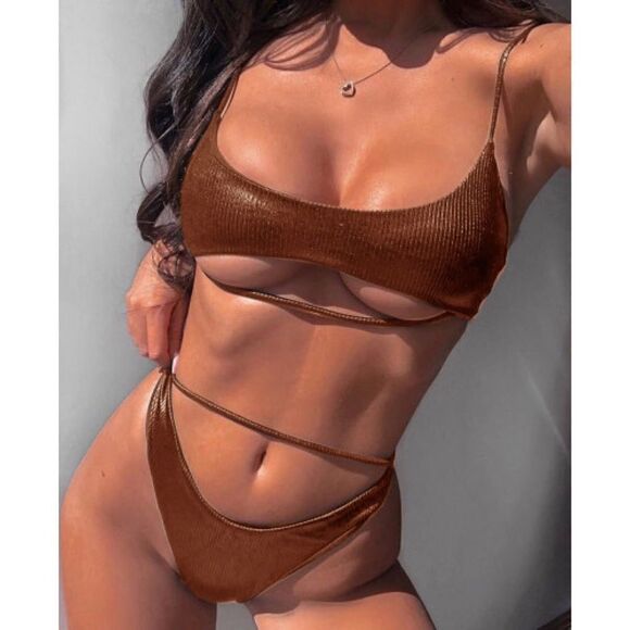 Metallic Ribbed Cut Out Bandage Brazilian Bikini - Picture 1 of 6